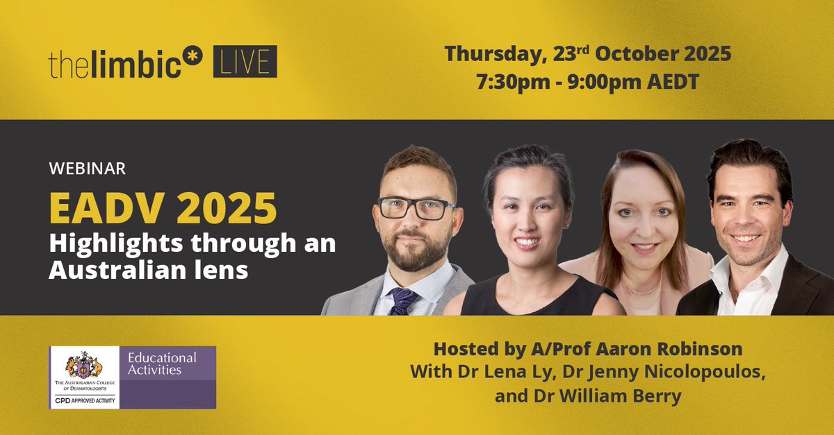 REGISTER: thelimbic.com/dermatology/ea…
Thursday - join online as experts present their selection of transformational clinical data from the @eadv 2025 Annual Congress and discuss the impacts for Australian clinical practice.
CPD approved by <a href="/DermatologyACD/">DermatologyACD</a>