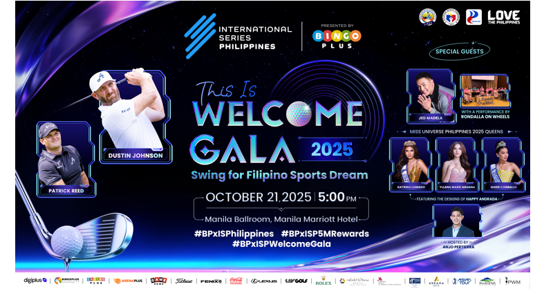 Bingoplusph's tweet photo. The BPxISPhilippines Grand Welcome Gala —a night buzzing with music and fashion! Jed Madela lights up the stage and with special guests Dustin Johnson, Patrick Reed, and Louis Oosthuizen. 

It’s a vibrant celebration of charity, talent and style - Swing For Filipino Sports Dream.