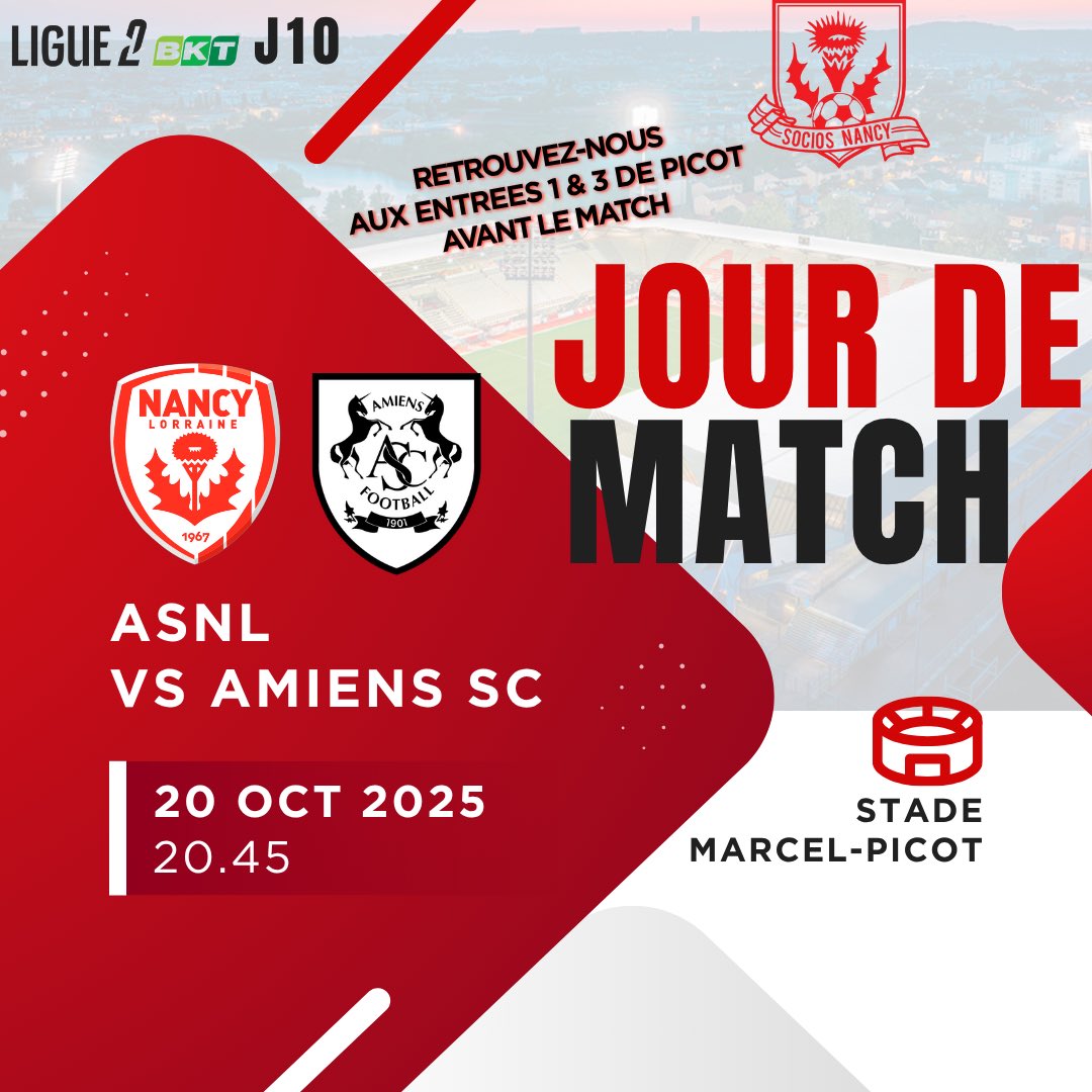 ＪＯＵＲ ＤＥ ＭＡＴＣＨ 🔴⚪️
━━━━━━━━━━━━━━

@ligue2bkt -J10
ENFIN ! 
Retour du public à Picot face à <a href="/AmiensSC/">Amiens SC</a> pour ce 5è match à domicile de l’@asnl depuis son retour en L2

A suivre sur: 
📻 : <a href="/icisudlorraine/">ICI Lorraine (Meurthe-et-Moselle et Vosges)</a>
📺 : <a href="/beinsports_FR/">beIN SPORTS</a> max 1

ALLEZ NANCY 🔴⚪️

 #ASNL