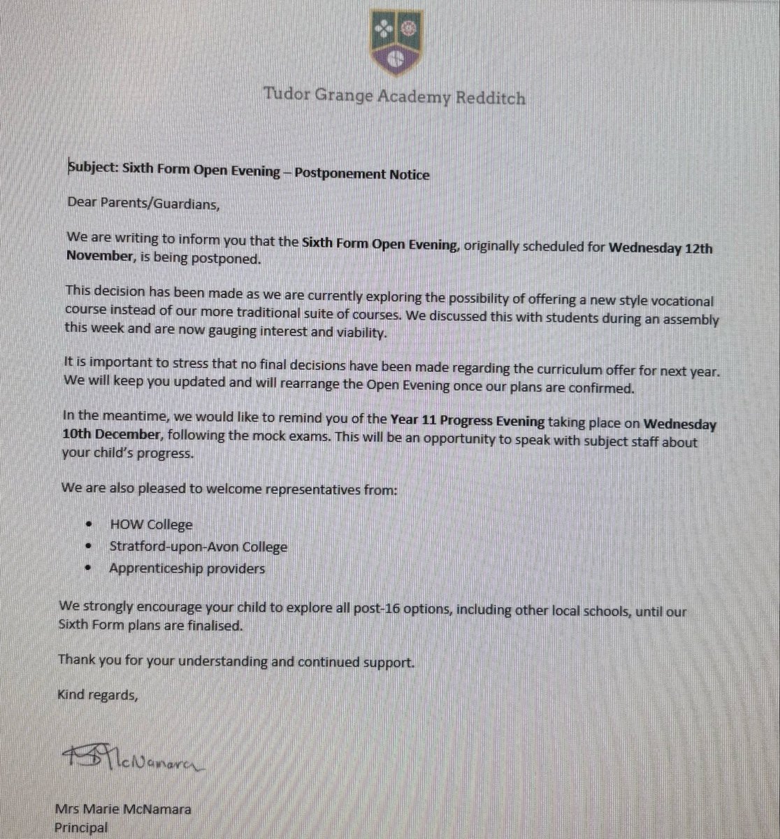 Year 11 parents- we have news! 
6th form open evening Wednesday 12th November, has been postponed. Please see this letter sent out to parents on Friday.