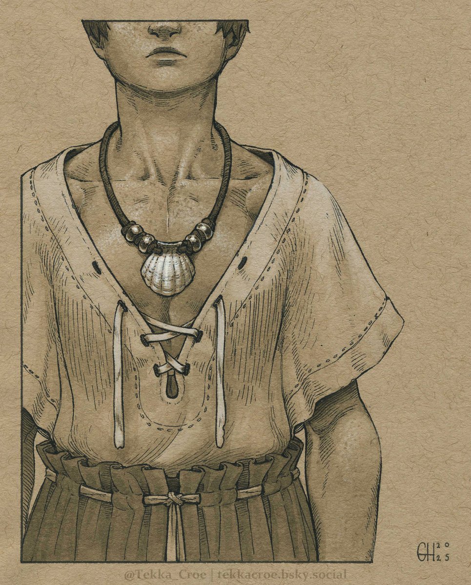 Inktober 18: Seashell Necklace
A treasured token of affection.
It is fashioned of inexpensive materials, by inexperienced hands.  Yet, it was clearly made with a great deal of care.
#art #traditionalart #Inktober2025