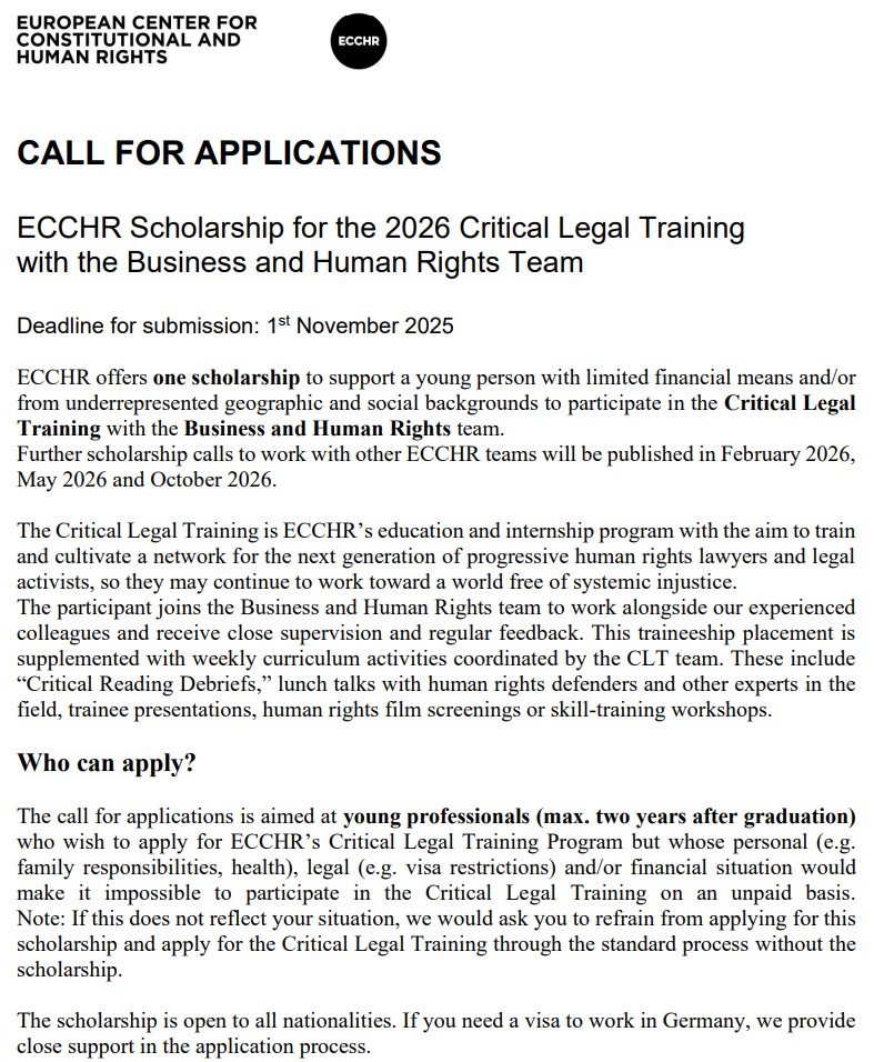 ECCHR Scholarship for 2026 Critical Legal Training with the Business and Human Rights Team
Deadline: Nov 1
ecchr.eu/en/case/critic…