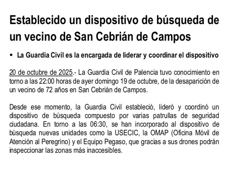 🚨 Establecido un dispositivo de búsqueda de un vecino de San Cebrián de Campos

#guardiacivilpalencia 
#SeguridadCiudadana 
#Desaparecido