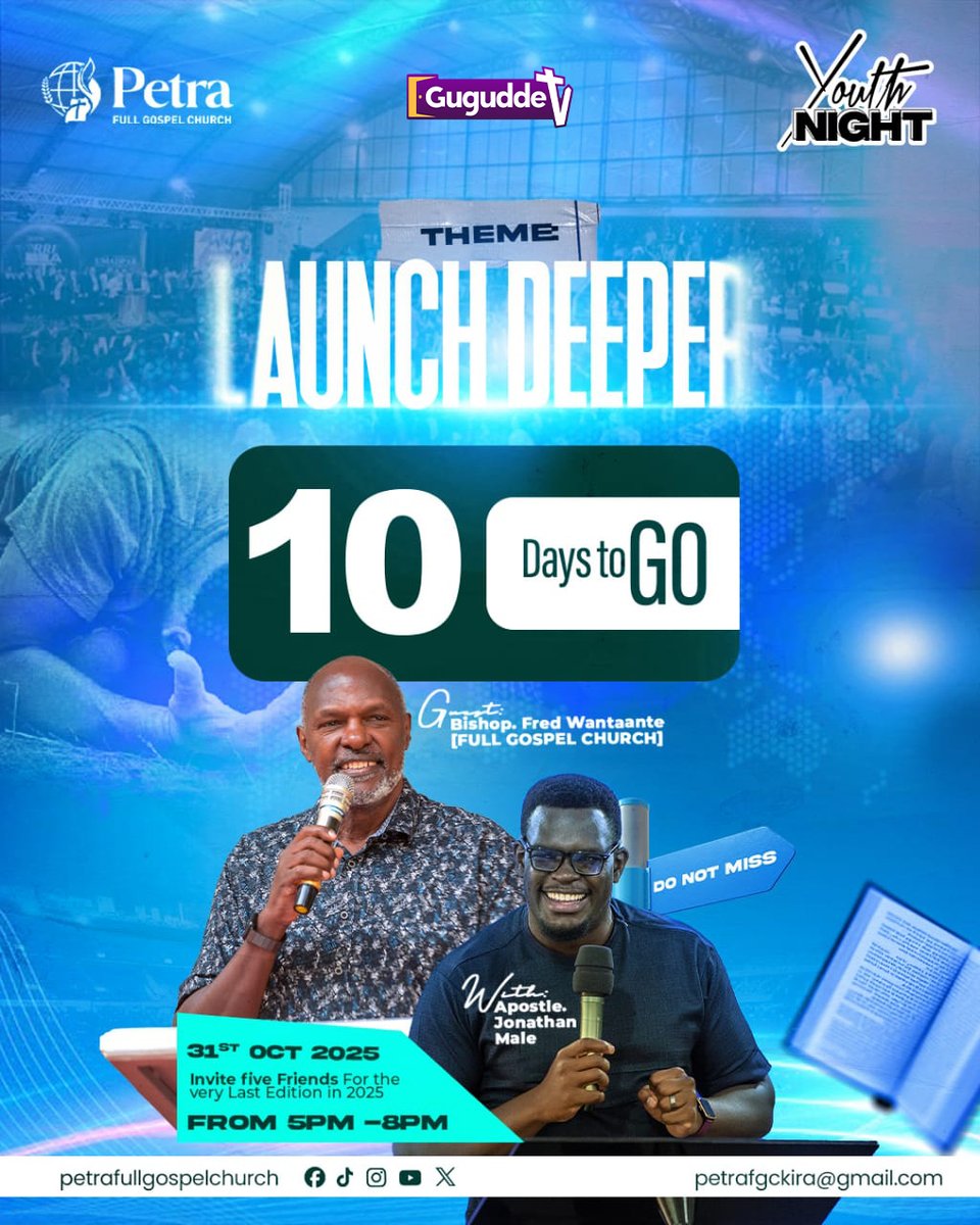 guguddetvuganda's tweet photo. 10 DAYS TO GO !!! 10 DAYS TO GO !!!
The Final Youth Night is here
We are wrapping up the year and by spiritual law, there is ever increasing glory as we progress.
It's a night unlike any other, dubbed #LAUNCHDEEPER with our very own Apostle Jonathan Male, as well as our Main Speaker, Bishop Reverend Dr. Fred Wantante a seasoned veteran and a father in the land.
This is your window of Visitation; do not miss it for anything.
Spread the word, invite a friend, a family member, a fellow minister and anyone hungry for the move of God.
See you at the Imani Complex, on the 31st of October, from 5:00pm-8:00pm.
#YouthNight #GuguddeTvUganda