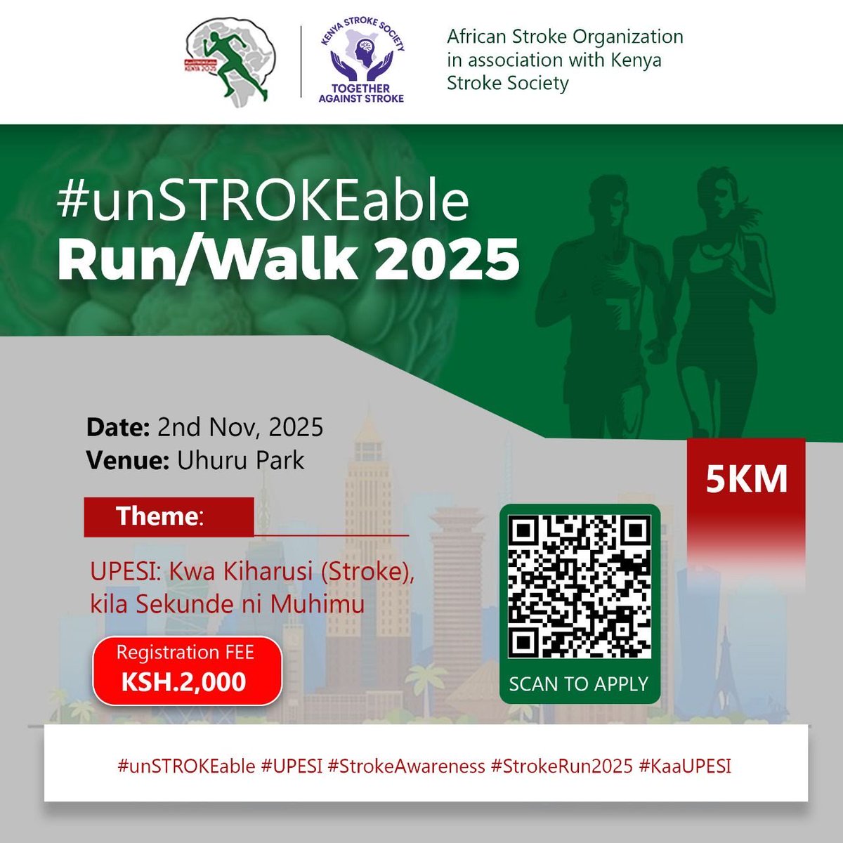 MehariG_MD's tweet photo. This year at the African Stroke Organization Conference #ASOC 2025 is partnering with Kenyan Stroke Society to raise stroke awareness- holding a 5K run at Uhuru Park in Nairobi 🇰🇪 UPESI in Swahili = FAST for stroke @svinsociety @wondeasa @UTSWBrain  @AfricanStroke @dyavagal https://t.co/0KCP4vDKqh