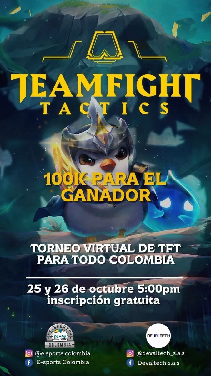 #TFTournaments

⚠️ Solo para Colombia 🇨🇴 
🗓️  25 y 26 de octubre

Inscripción: battlefy.com/devaltech/torn…

Dudas en el FB e IG de los organizadores.