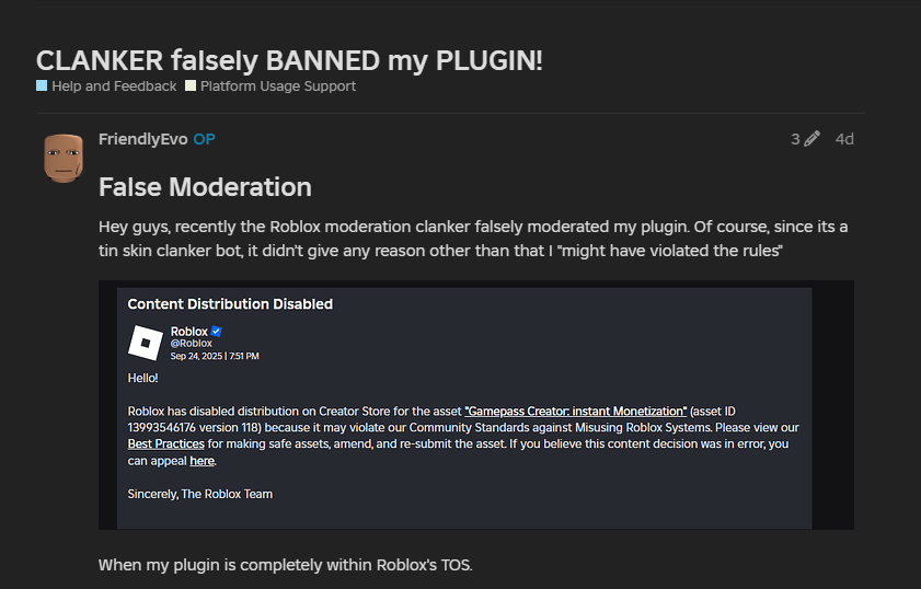 devforumtxt's tweet image. tin skin clanker bot roblox moderation