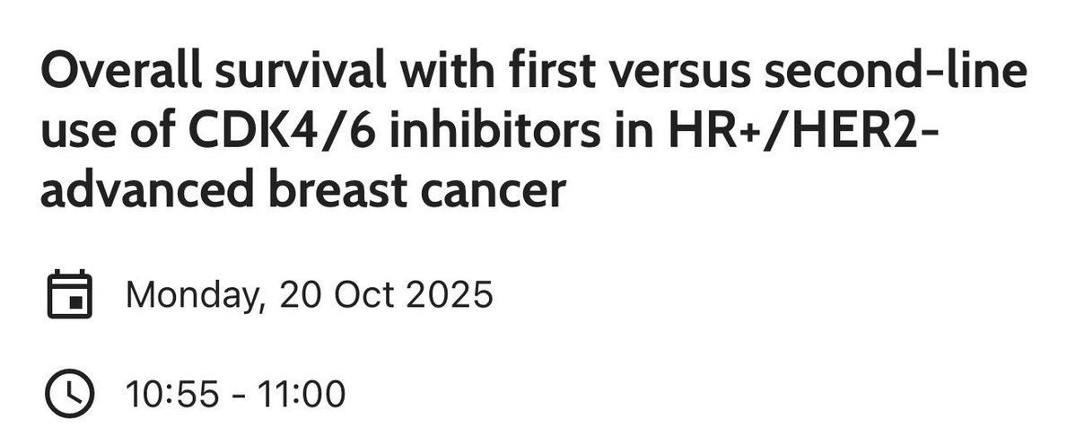 Elvina Almuradova (@dr_elvinaa) on Twitter photo Important data from #SONIA trial – #ESMO25 Day 4 
❗️No OS benefit for 1L vs 2L CDK4/6i in HR+/HER2– advanced BC.
❗️Post-hoc suggests OS benefit for #premenopausal pts (HR 0.53).
❗️My opinion: 
For many #postmenopausal pts with low disease burden, starting with single-agent AI Important data from #SONIA trial – #ESMO25 Day 4 
❗️No OS benefit for 1L vs 2L CDK4/6i in HR+/HER2– advanced BC.
❗️Post-hoc suggests OS benefit for #premenopausal pts (HR 0.53).
❗️My opinion: 
For many #postmenopausal pts with low disease burden, starting with single-agent AI