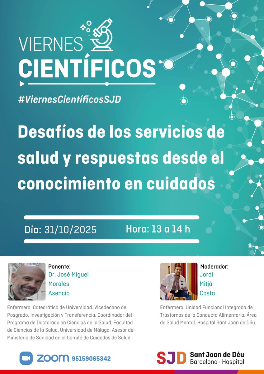 Nueva sesión de los “Viernes Científicos” del Hospital 🏥 <a href="/SJDbarcelona_es/">Hospital Sant Joan de Déu Barcelona ES</a>. 

➡️ Desafíos de los servicios de salud y respuestas desde el conocimiento en cuidados.

🗓 Viernes 31 de octubre.

⏰ 13 horas.

🖥️ Vía Zoom.

✅ Gratuito.

🔍 formacion.sjdhospitalbarcelona.org/es/formaciones…