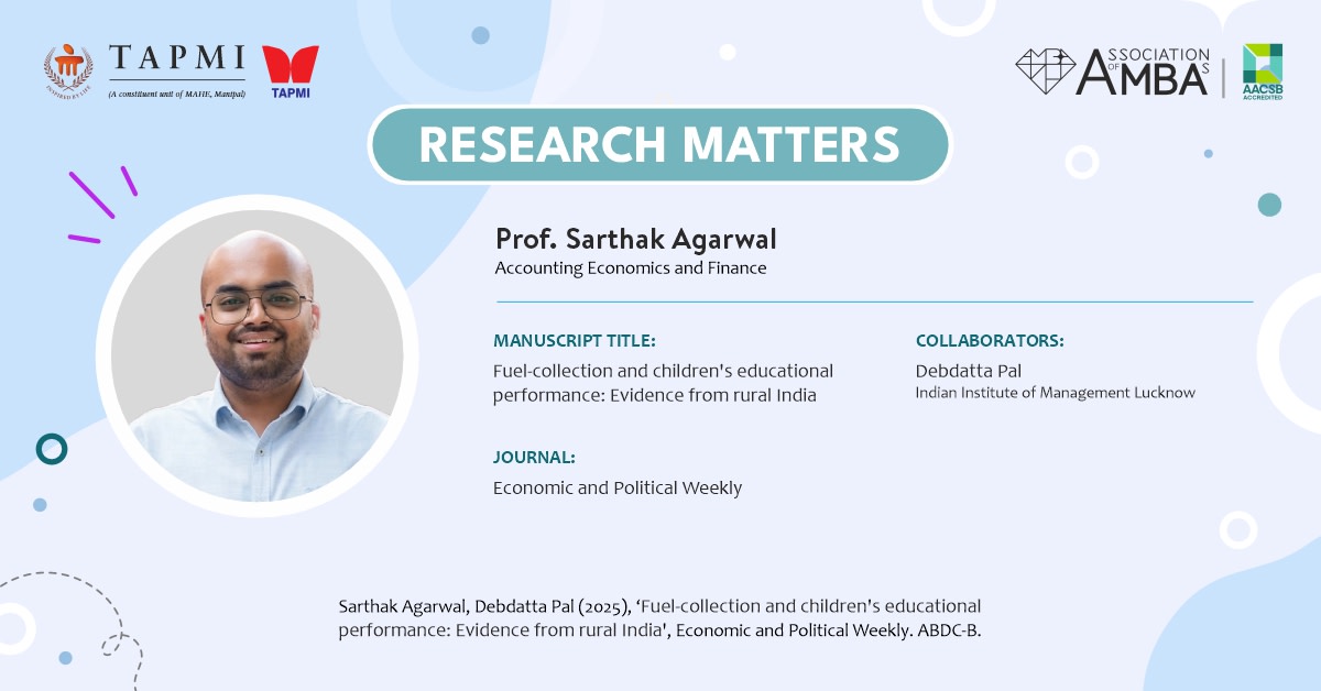 Prof. Sarthak Agarwal's research study highlights the impact of household fuel collection on children’s education. #ResearchMatters #MyTAPMI

Research Paper: tinyurl.com/33vh4twh