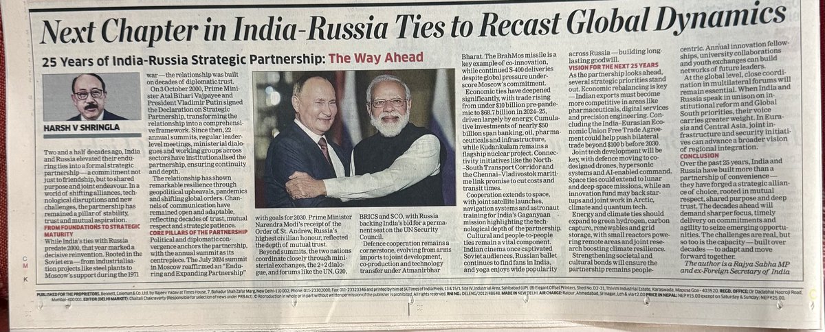 As India and Russia celebrate 25 years of their strategic partnership, this piece by SHARE member and Hon. Rajya Sabha MP <a href="/harshvshringla/">Harsh V Shringla</a>  reflects on how the relationship has evolved—from deep trust to joint global influence.

A timely read on the partnership’s enduring