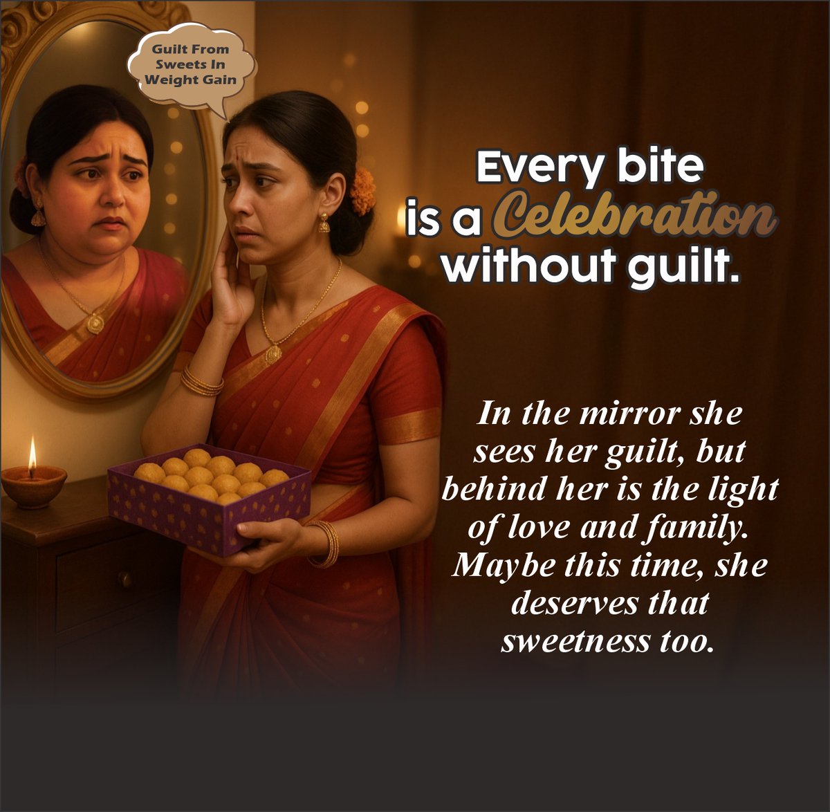 This Diwali, may the light of love be brighter than the shadow of guilt.
Because every sweet moment deserves to be enjoyed with joy — not judgement. ✨🍬
 Celebrate yourself. Celebrate sweetness. Celebrate guilt-free.
#Diwali2025 #CelebrateWithoutGuilt