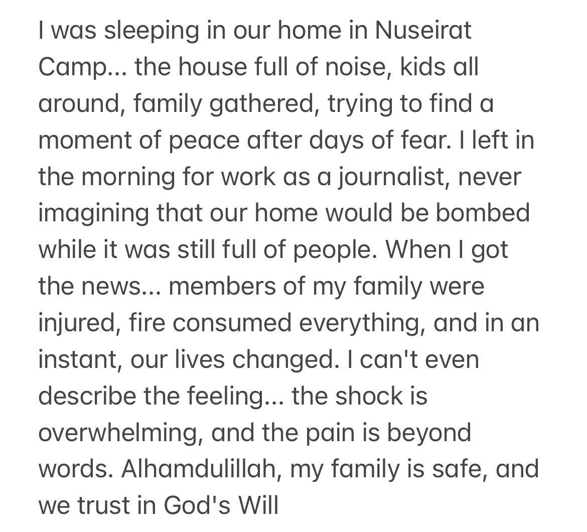 doaa__mohammad's tweet image. I was sleeping in our home in Nuseirat Camp... the house full of noise, kids all around, family gathered, trying to find a moment of peace after days of fear.
I left in the morning for work as a journalist, never imagining that our home would be bombed while it was still full of