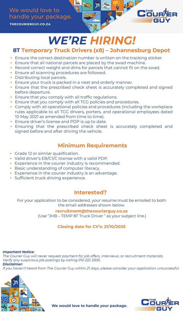 CarolBoitumelo1's tweet photo. The Courier Guy is hiring!

📌Night Shift Temporary 📌Warehouse Assistant (50)
📌Temporary Truck Porter (5)
📌Day Shift Warehouse Assistant

Location: Johannesburg Depot
Closing Date: 21 October 2025

Email your CV to: Kobus@thecourierguy.co.za or recruitment@thecourierguy.co.za

Make sure to include the Reference Number when applying!