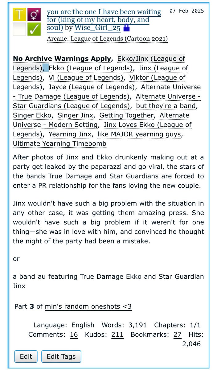 Wait I forgot I wrote this but check out my fic where the Star Guardians are a band and Jinx has a HUGE crush on True Damage’s Ekko…
archiveofourown.org/works/62867692