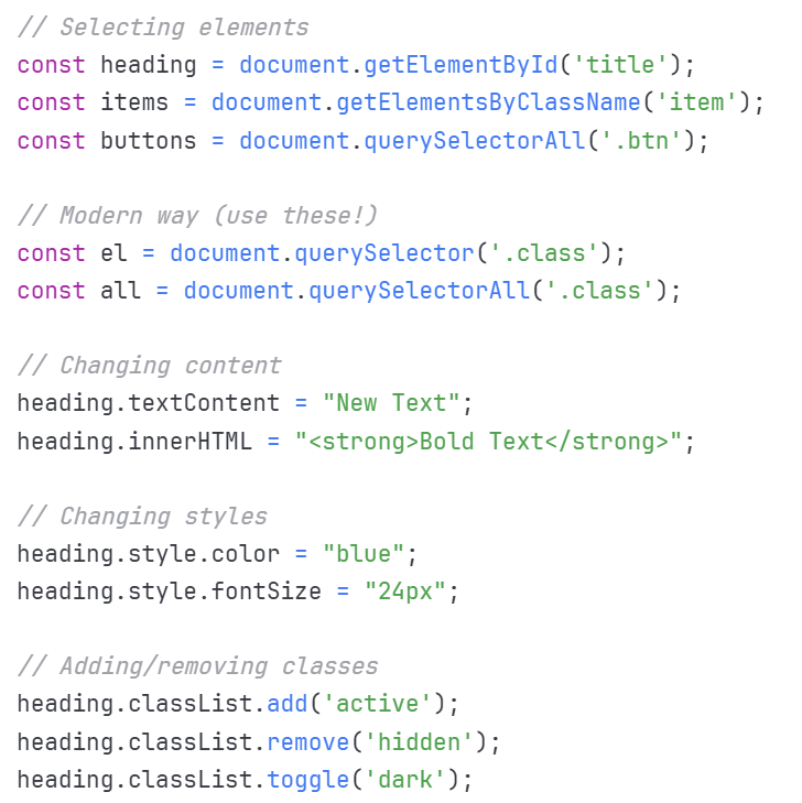 ShubhDJ191's tweet image. 🎨 DOM MANIPULATION (Control HTML with JS):
querySelector = CSS selectors in JavaScript!
#JavaScript #DOM #javascriptlearning #programming #coding #webdev #developer #frontend #DOMmanipulation #tech #softwaredeveloper #100DaysOfCode