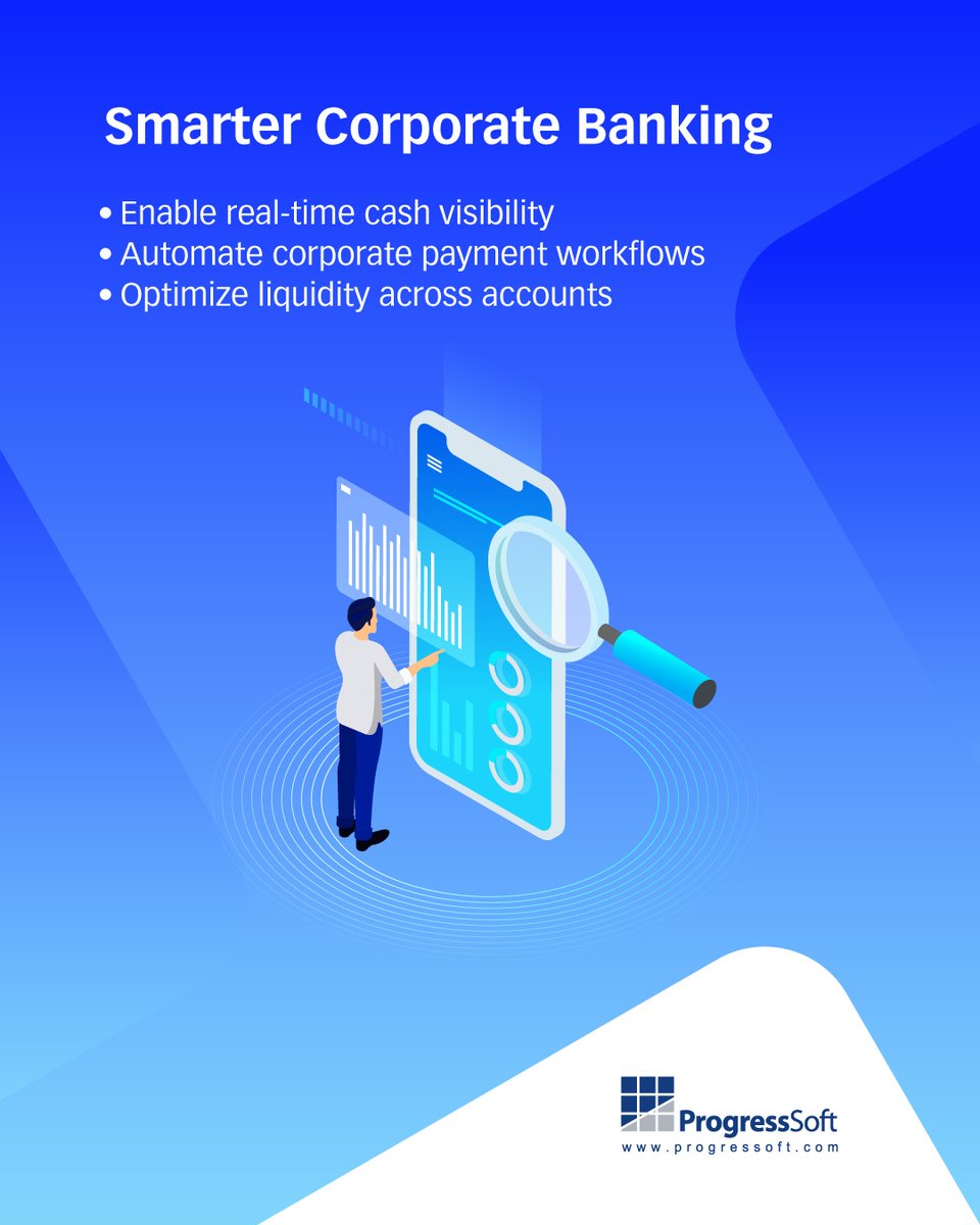 Transform corporate banking into a strategic advantage.
ProgressSoft’s Corporate Banking empowers banks to deliver real-time visibility, seamless payments and enhanced liquidity management for their corporate clients. Explore more: psly.me/Zn5zzB
#ProgressSoft #Corporate