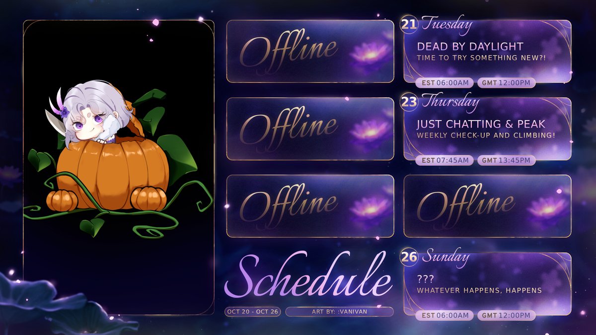 Peggyz_Bean's tweet photo. 📅 SCHEDULE FOR WEEK 20/10/2025 - 26/10/2025
SCHEDULE SUBJECT TO CHANGE
✨🔮TAGS🔮✨
Art: #Pegart
Live: #PeggerLive
Twitch: https://t.co/RPE2rIRhCv https://t.co/wmnnou5mUw
