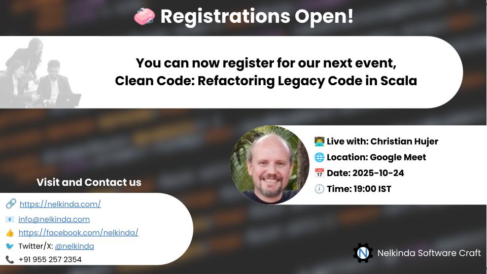 nelkinda's tweet image. 🚀 This time it&apos;s Scala! 
Join @nelkinda &amp;amp; @christianhujer— Clean Code: Refactoring Legacy Code in Scala  

🎟24 Oct | 19:00 IST | Google Meet  
🎟Triffuns: triffuns.com/events/26e014e… or  

🎟Meetup: meetup.com/meetup-group-n…

#CleanCode #Scala #Refactoring