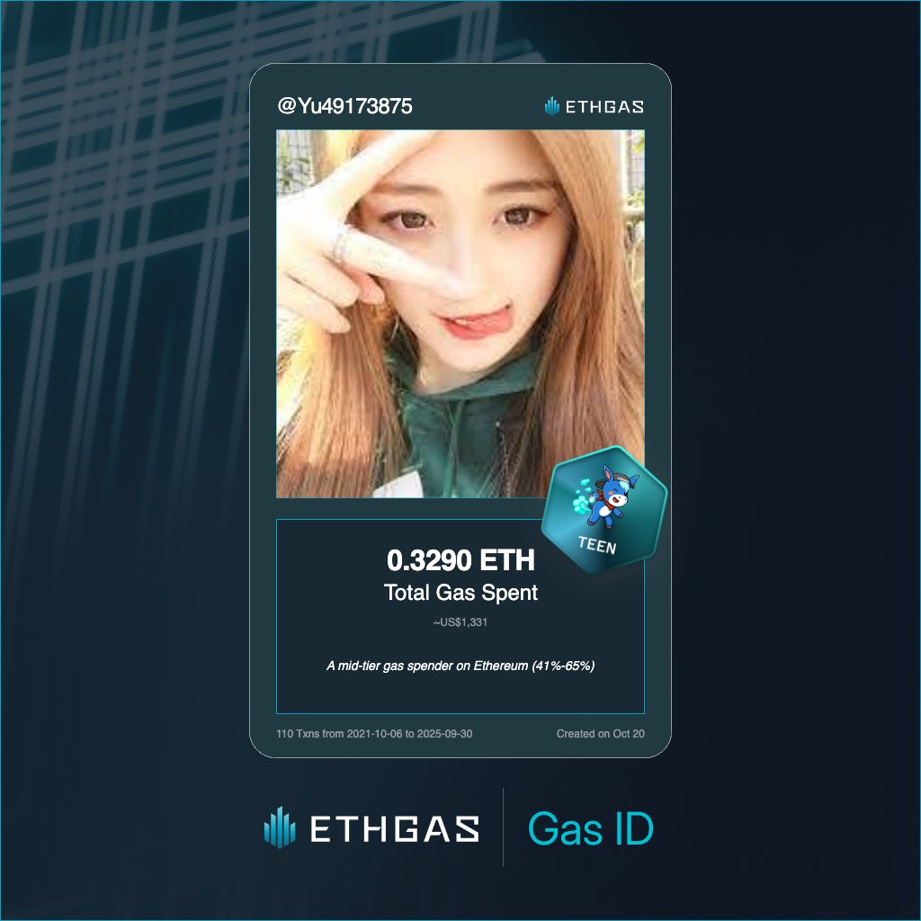 Yu49173875's tweet photo. Discovered my Gas ID via ETHGas - turning my gas spend into rewards 🫘

As a Teen Jack, I've spent 0.329 ETH on gas but earned 120 Beans back.

Get your Gas ID and Beans here: https://t.co/7nzqmLpYKE https://t.co/Ye8O2qeDAI