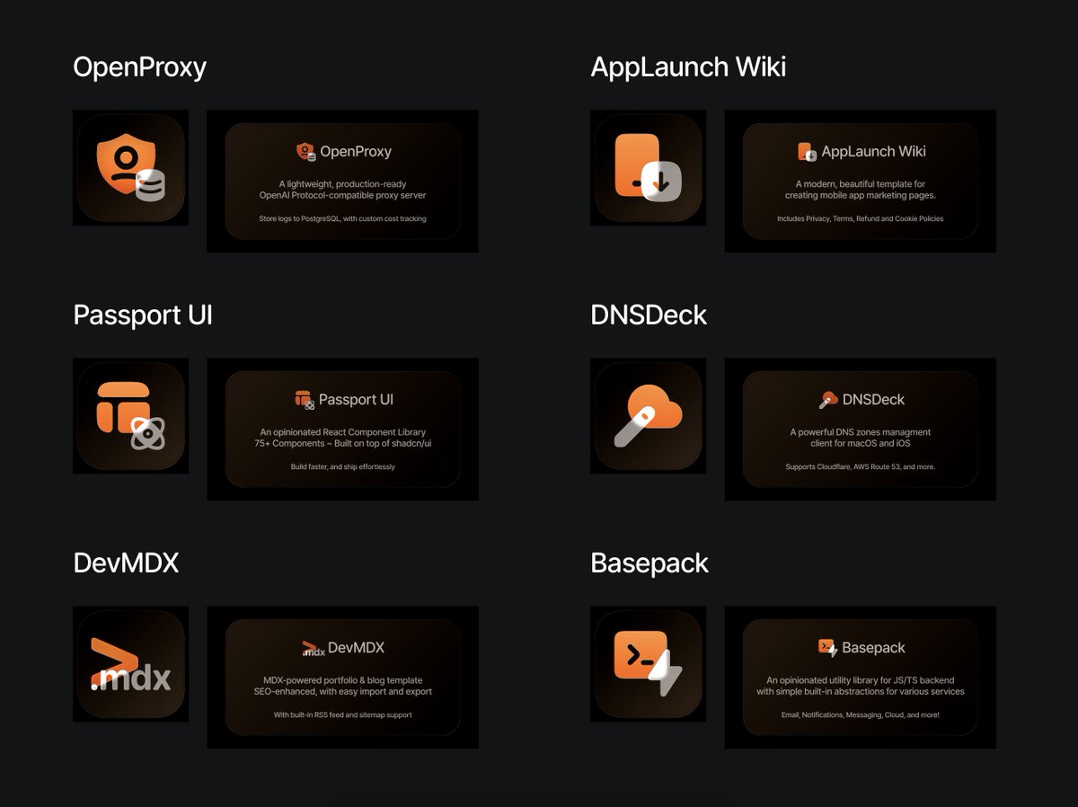 Awesome last 2 months 😋

6 open source projects for various needs (all started as side projects for my own needs) + designed liquid glass app icons :)

openproxy.in
passportui.com
dnsdeck.dev
devmdx.com
basepack.info