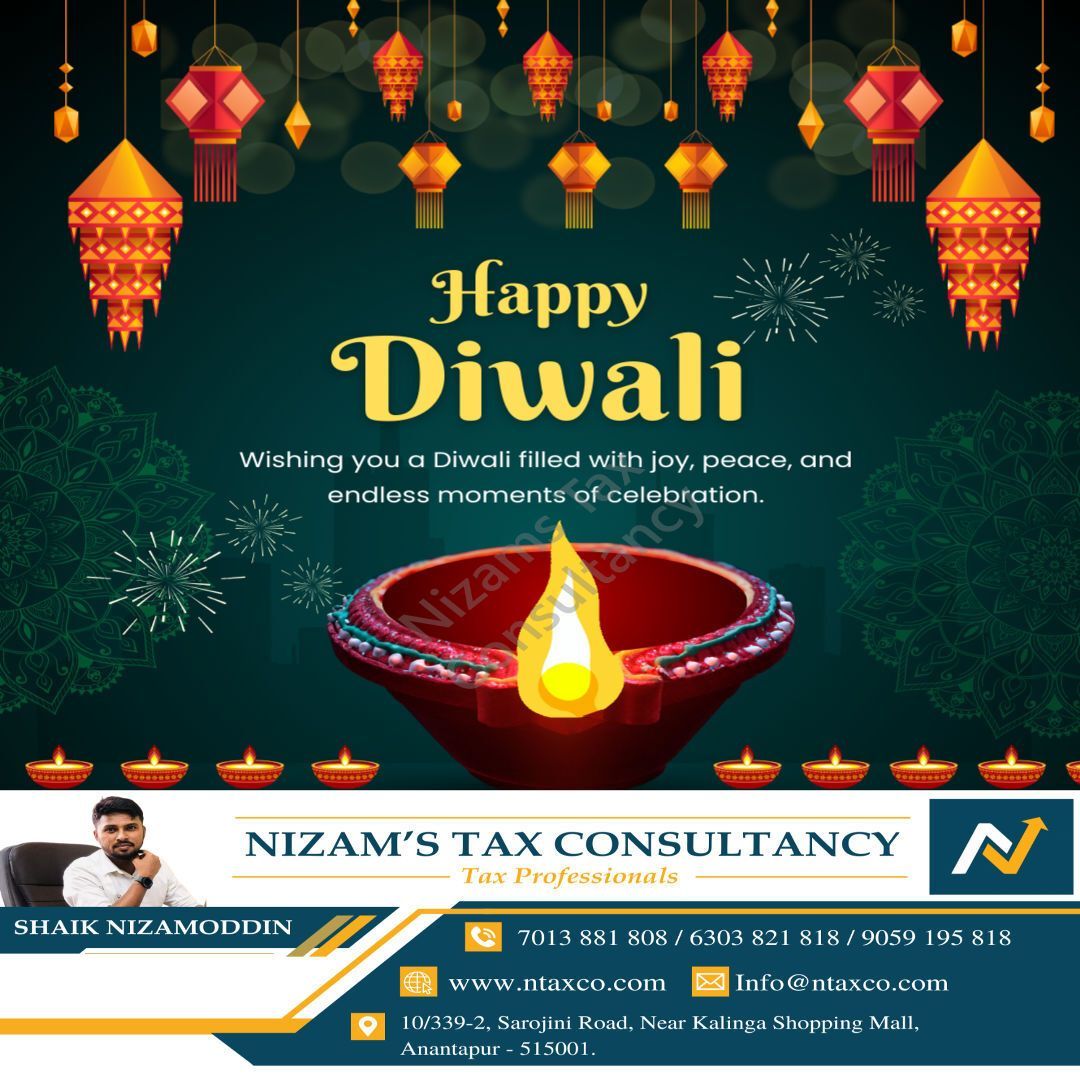 NtaxCo's tweet image. Happy Diwali! 🪔
May the festival of lights bring prosperity, positivity &amp;amp; peace to you and your family.
Warm wishes from Nizam’s Tax Consultancy. ✨ 

#Diwali2025 #HappyDiwali #Ntaxco #NizamsTaxConsultancy #FestivalOfLights #TaxConsultants #DiwaliWishes #Anantapur