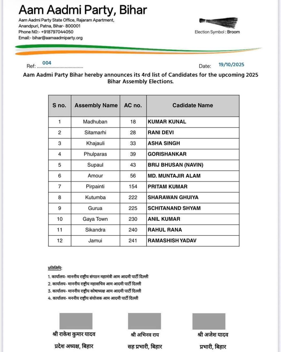 बिहार विधानसभा चुनाव के लिए आम आदमी पार्टी ने अपनी चौथी लिस्ट जारी करते हुए 12 नए उम्मीदवारों को मैदान में उतारा है. देखें लिस्ट
#Bihar #BiharElections #AAP #AamAadmiParty #ANBNational #AnbNews