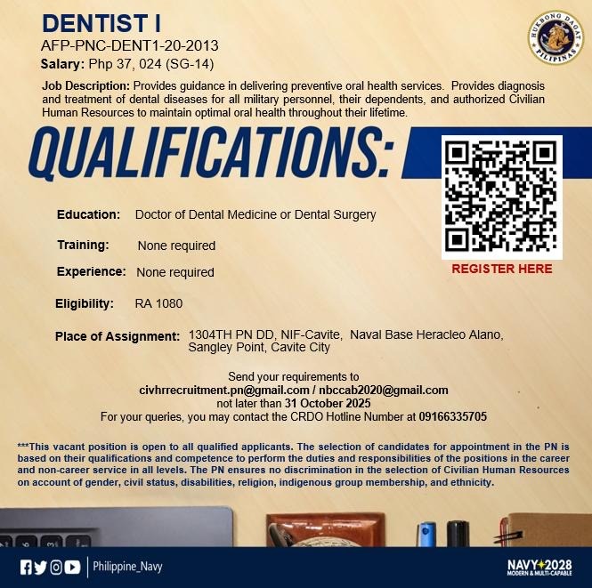 Philippine_Navy's tweet image. WE ARE HIRING | The Philippine #Navy has the following vacant positions for Civilian Human Resources which are authorized to be filled.
👉🏽web.facebook.com/share/p/1BPXJ8…
#ProtectingtheSeasSecuringOurFuture
#ModernandMultiCapablePHNavy
#OneAFPOnePhilippines
#StrongAFPStrongPhilippines