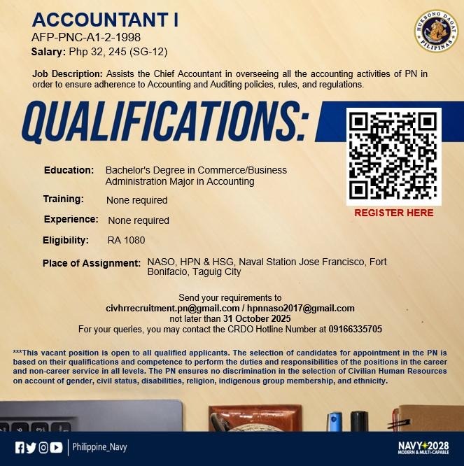 Philippine_Navy's tweet image. WE ARE HIRING | The Philippine #Navy has the following vacant positions for Civilian Human Resources which are authorized to be filled.
👉🏽web.facebook.com/share/p/1BPXJ8…
#ProtectingtheSeasSecuringOurFuture
#ModernandMultiCapablePHNavy
#OneAFPOnePhilippines
#StrongAFPStrongPhilippines