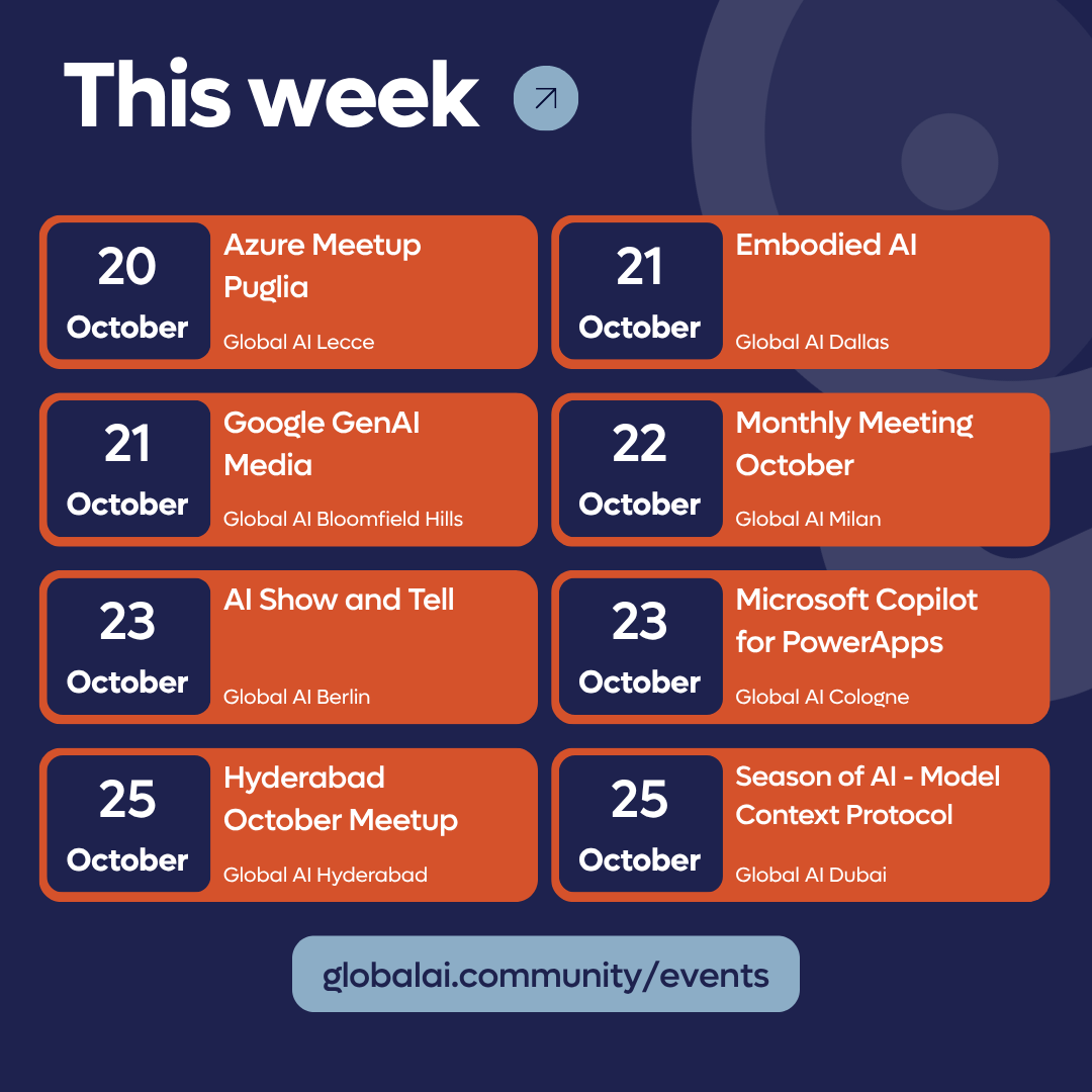 GlobAICommunity's tweet image. 8 Global AI events. 1 week. 🌍
From Lecce to Dallas, Berlin to Dubai, the Global AI Community is buzzing with meetups, show & tells, and AI talks around the world. This is what global collaboration in AI looks like: people learning, sharing, and building together.
Check the…