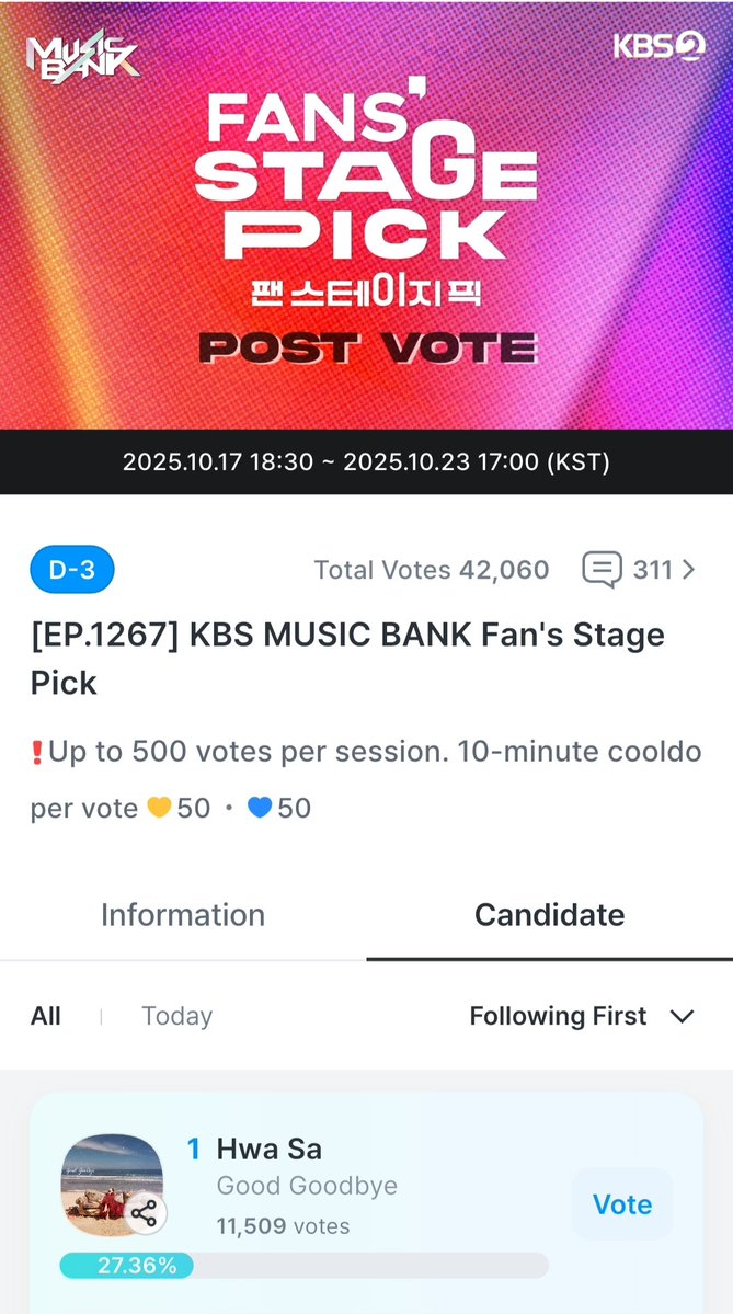kpopidolvote's tweet image. 📌 FANCAST.
KBS MUSIC BANK Fan's Stage Pick
Free votes. 1,000,000🩵
👉 200 Reposts
I vote for #HWASA on #2025MAMAVOTE