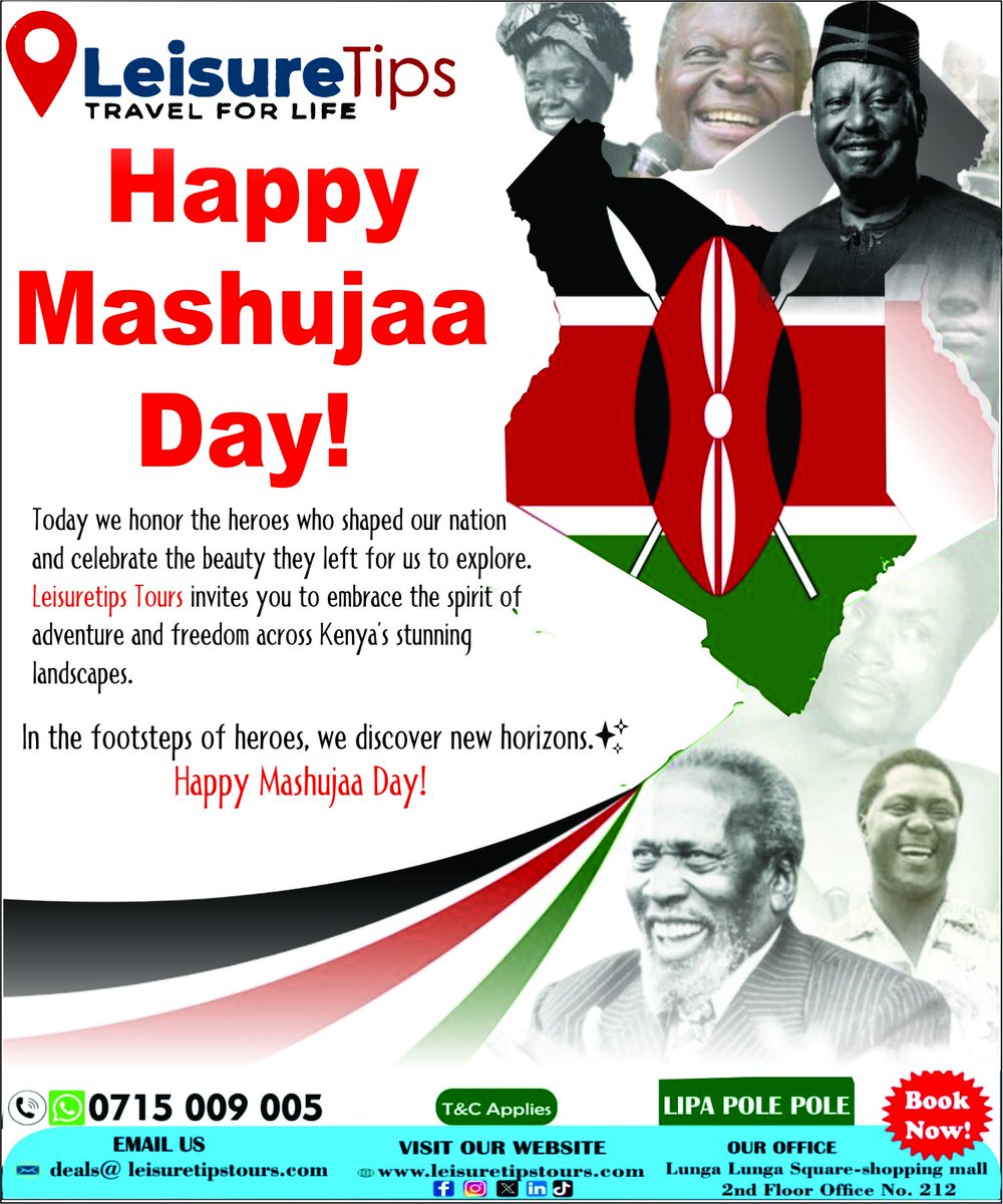 🎯Happy Mashujaa Day!
👉Today we celebrate the heroes who shaped our nation and the freedom they fought for.
👉Let’s honor their legacy by exploring the beauty and diversity of our country.

✨ In the footsteps of heroes, we discover new horizons.
#MashujaaDay #Kenya