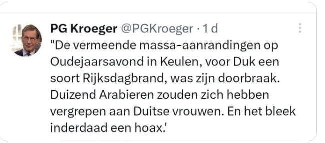 Progressief-liberale feministe hier. Was geschokt door de vele aangiftes van aanrandingen in Oudjaarsnacht Keulen 2015. 
Onthutsend dat @WierdDuk - die steeds *correct* weergaf wat de Keulse politie erover zei - vanaf dag 1 is verketterd door the likes of Kroeger. Oerlelijk 
/1