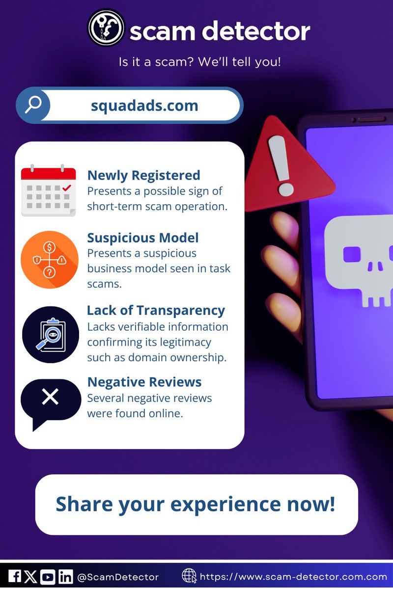 ScamDetector's tweet image. Is squadads[.]com legit? Learn key security tips to identify online scams before you click. 

Full validation report 👉 scam-detector.com/validator/squa…

#scamdetectorvalidator #securitytips #validationreport