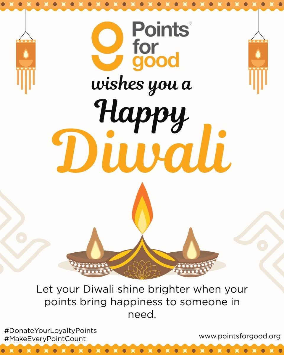 Every Diya lights a corner of the world. Every point you give lights up a life.
This Diwali, Turn your points into joy and your kindness into impact.
Happy Diwali!

pointsforgood.org
Support using UPI, Debit/Credit card: pages.razorpay.com/PFGCharity

#donateyourloyaltypoints