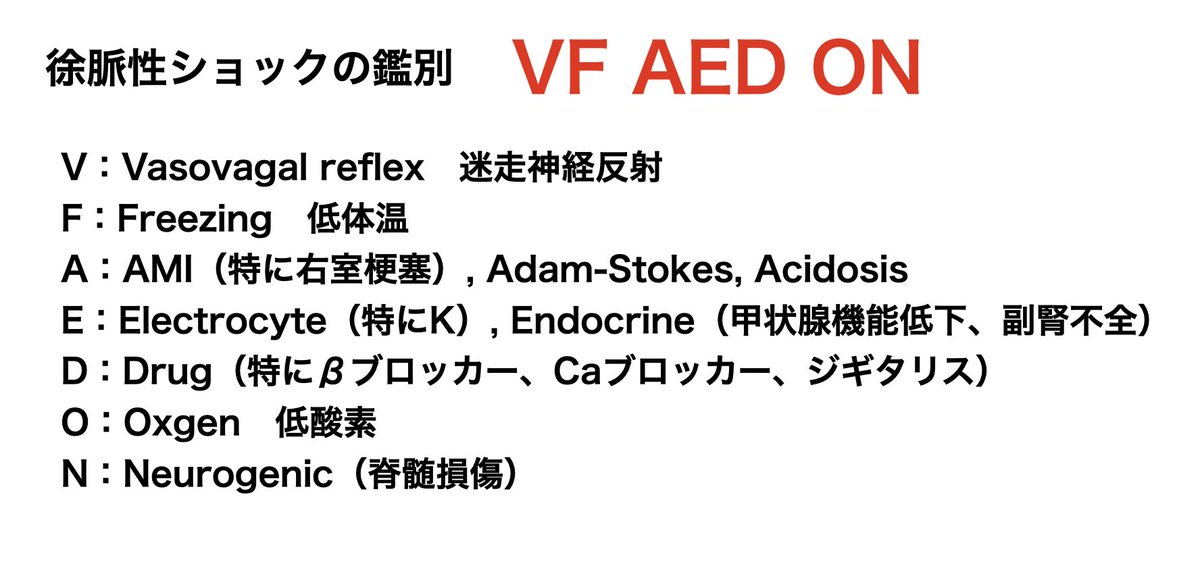 徐脈性ショックの語呂合わせ
「VF AED ON」
徐脈のショックは鑑別の数が少ないので全部覚えてしまいましょう。
