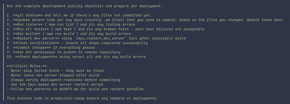 ryancarson's tweet image. This custom slash command saves me so much time.

I trigger it with `/ship`

Here&apos;s the text:

Run the complete development quality checklist and prepare for deployment:

1. **git status** and tell me if there&apos;s any files not committed yet.
2. **Update docs** look for any docs…