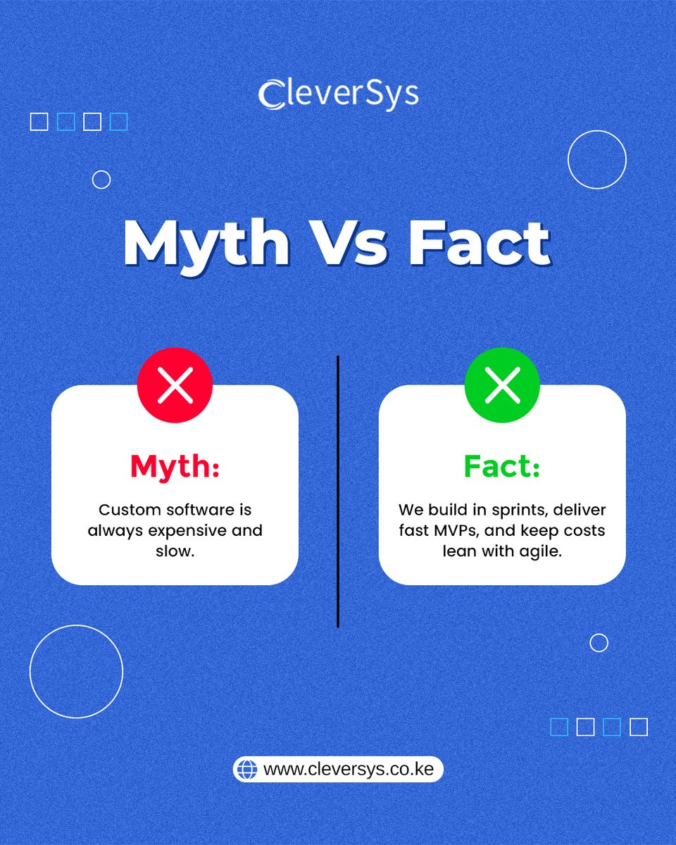 CleversysCo's tweet image. Myth: Custom software is always expensive and slow.
Fact: At CleverSys, we build in sprints, deliver fast MVPs, and keep costs lean with agile development. 🚀
👉 Learn more: cleversys.co.ke
#MythBusted #CustomSoftware #AgileDevelopment #MVP #TechSolutions #CleverSys