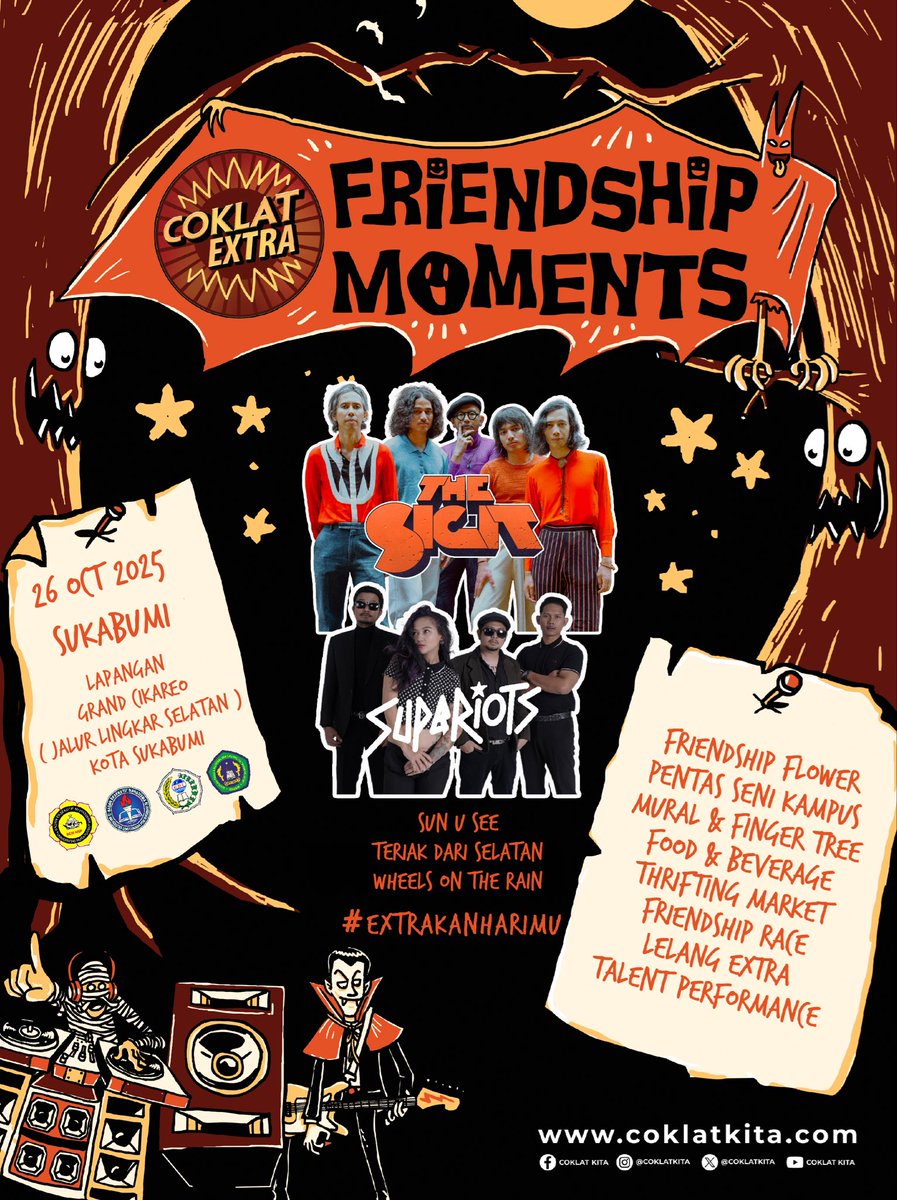 📢What’s up Coklat Friends Sukabumi??

Coklat Extra Friendship Moments bakal dateng ke kota lo!

Coklat Friends bisa banget ikut seru-seruan bareng @thesigit_ dan @superiots_official yang pastinya jadi stress relief di tengah rutinitas kuliah lo😆

Catet jadwalnya ya Coklat