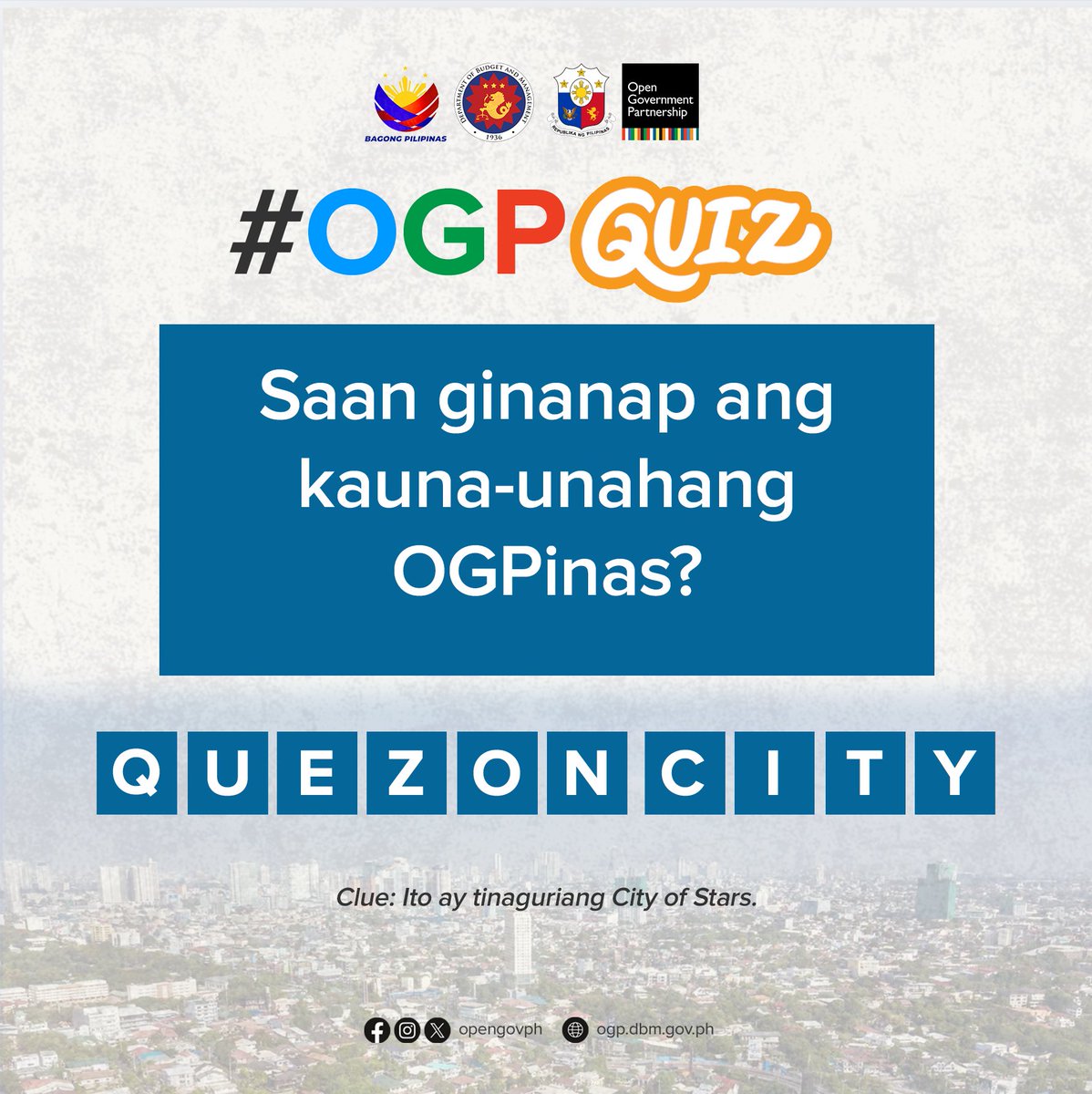 Marami ang nagpakita ng husay at kaalaman tungkol sa open government — at ang tamang sagot ay walang iba kundi Quezon City!

Bilang isa sa mga aktibong lungsod sa pagpapatupad ng bukás, tapat, at makilahok na pamahalaan.
 
🔗facebook.com/share/p/1Gig2t…
#OpenGovPH #OGPQuiz