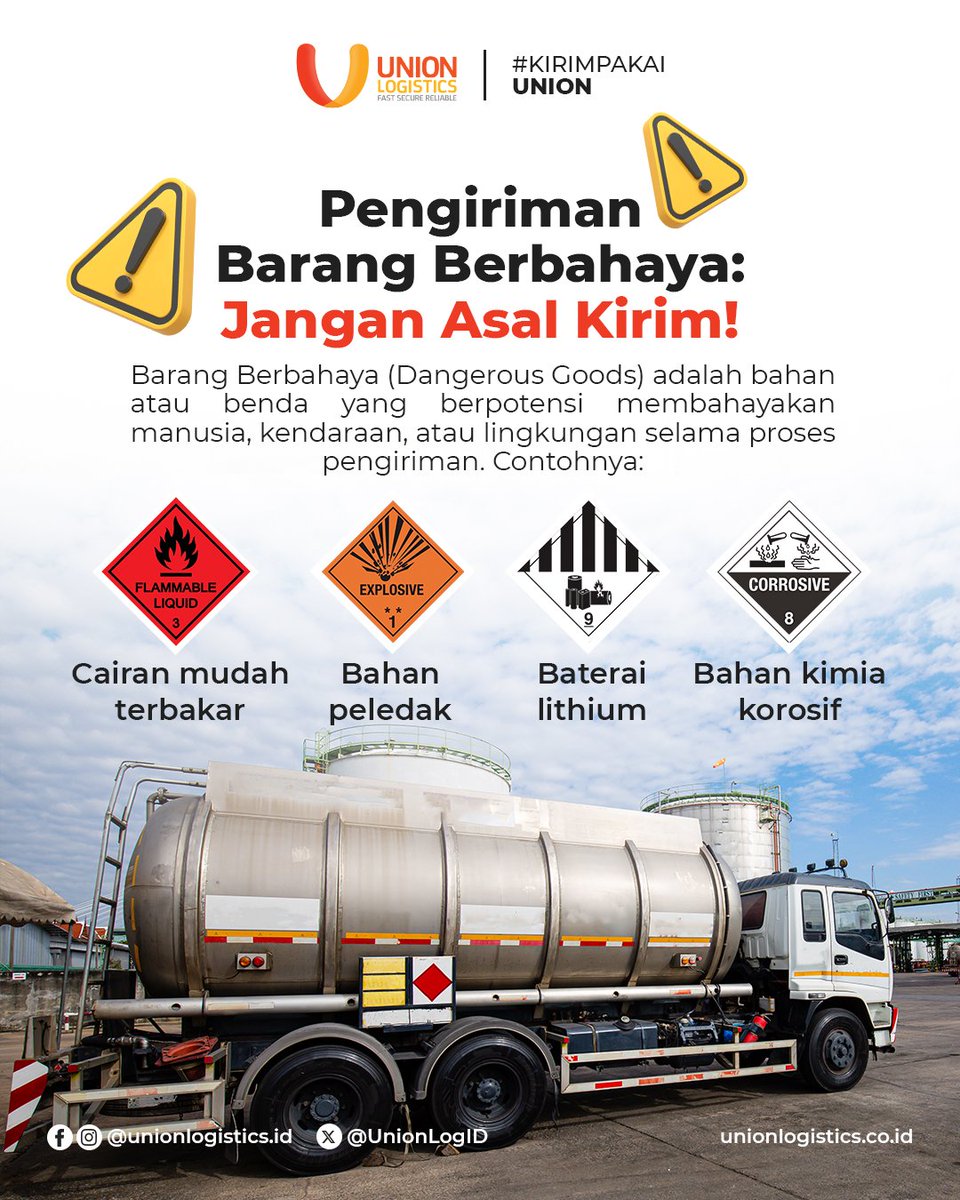 UnionLogID's tweet image. Pengiriman Barang Berbahaya? Jangan Asal Kirim! ⚠️
Barang Berbahaya (Dangerous Goods) bukan sekadar kiriman biasa. Cairan mudah terbakar, bahan peledak, baterai lithium, hingga bahan kimia korosif memerlukan penanganan ekstra hati-hati! 🚛