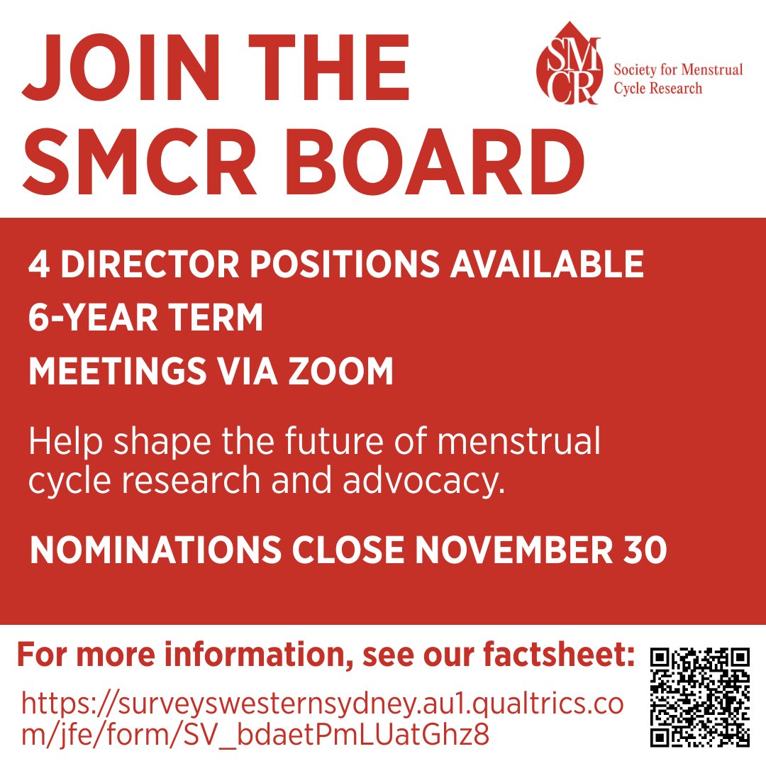 Call for Nominations – SMCR Board of Directors

Help steer global menstrual cycle research, education &amp; advocacy!

Eligibility: SMCR members

Self-nominate by 30 Nov (150-350 word bio) → r.power@westernsydney.edu.au

See our factsheet for details:  surveyswesternsydney.au1.qualtrics.com/jfe/form/SV_bd…
