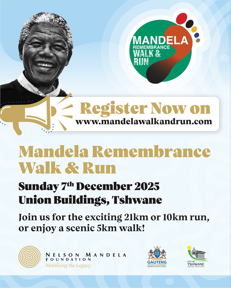 Join us for this special event! 🩵🏃🏽‍♀️Registration is now open!! register on mandelawalkandrun.com to secure your place in this year's gathering.
We look forward to seeing you on December 7, 2025

#RememberMandela #MRWR2025 

<a href="/NelsonMandela/">NelsonMandela</a> <a href="/GautengSACR/">Gauteng Dept. of Sport, Arts, Culture & Recreation</a> <a href="/CityTshwane/">City of Tshwane</a>