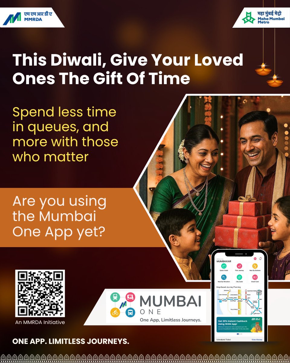 Maha Mumbai Metro Operation Corporation Ltd (@mmmocl_official) on Twitter photo This Diwali, you can give your loved ones something truly precious — your time.
In a city that never stops, festival days can mean multi-tasking, work commitments and errands. With the Mumbai One App, you can finally skip the queues, avoid the ticket counters, and make these This Diwali, you can give your loved ones something truly precious — your time.
In a city that never stops, festival days can mean multi-tasking, work commitments and errands. With the Mumbai One App, you can finally skip the queues, avoid the ticket counters, and make these