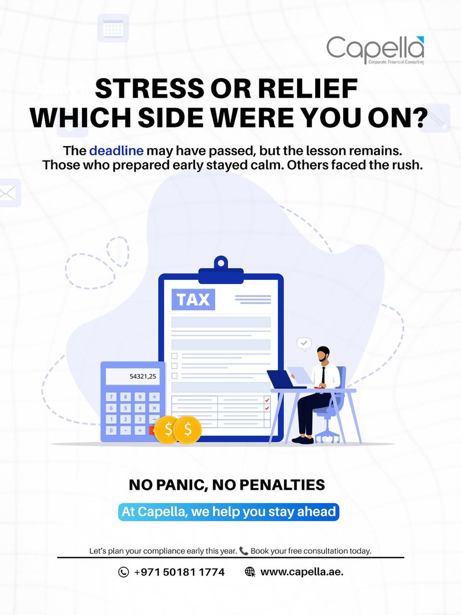 capella_me's tweet photo. Stress or relief — which side were you on this tax season?
At Capella, we help businesses plan early, file accurately, and avoid penalties.
Stay stress-free and compliant all year.
Visit: https://t.co/S1VzhkbNTa | +971 50181 1774

#CapellaTaxConsultancy #CorporateTax #UAE https://t.co/6bGvDCiiCm