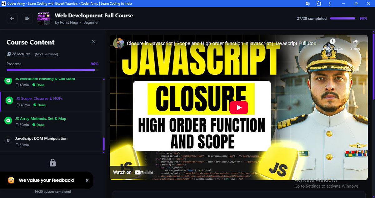 SachinK82390021's tweet image. My web development journey Day(19) - Javascript Lecture(11)     
what i learned in this video:    
Mastering Scope: The rules of Global, Function, and Block scope, and the concept of Lexical Scoping.
   #CoderArmy #webdevelopment #javascript #css