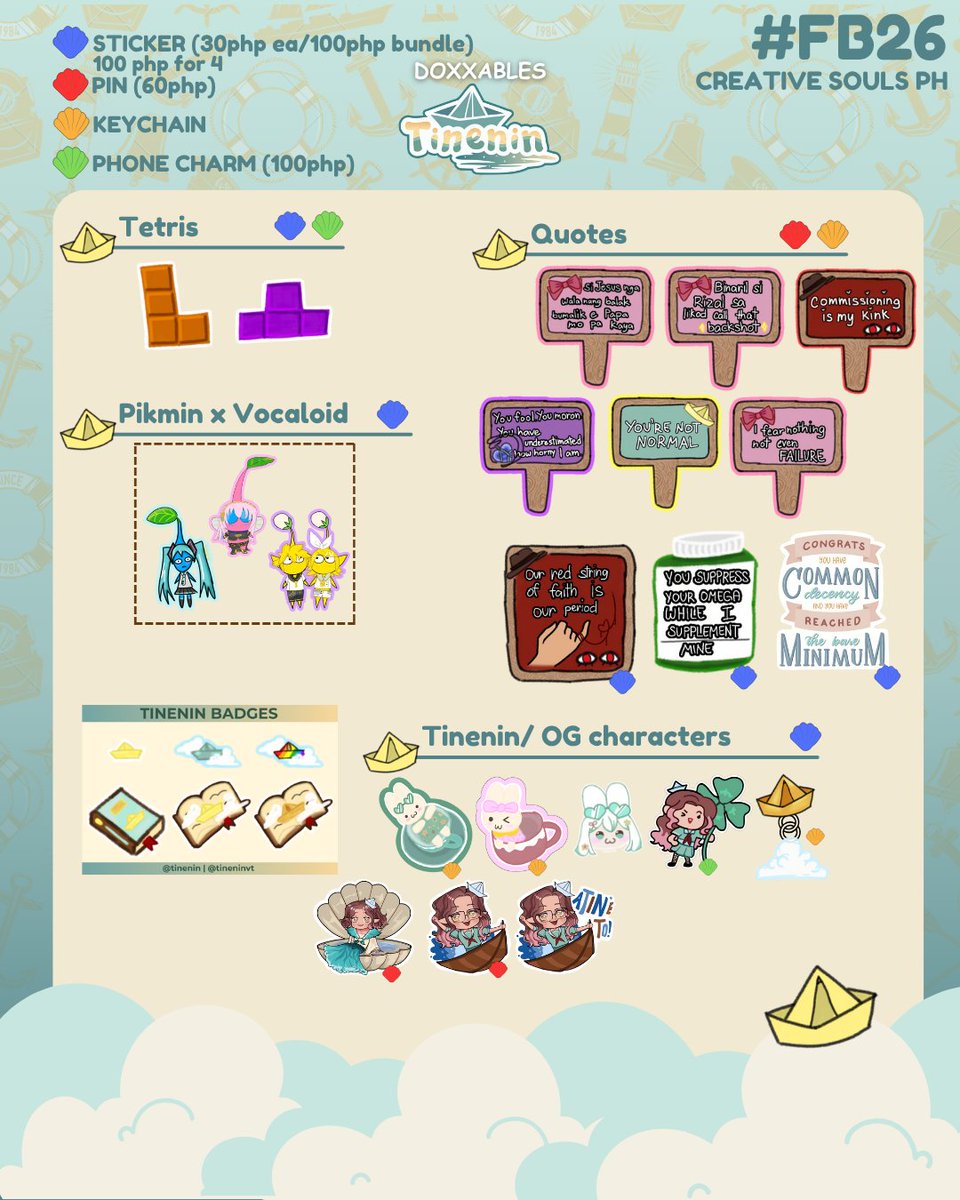 [💛RTs]
⛵ Catalog for CosMeet 2025 1/3☁️

⛵️Table FB26 (doxxables)
⛵VTubers, TGSWIIWAGAA, Apothecary Diaries, Frieren, Suzume, Pikmin x Vocaloid, SDV, Violet Evergarden, Tetris, Stray Kids, OG designs
⛵DM for reservations

#cosmeet2025 #fanfairatCosmeet2025