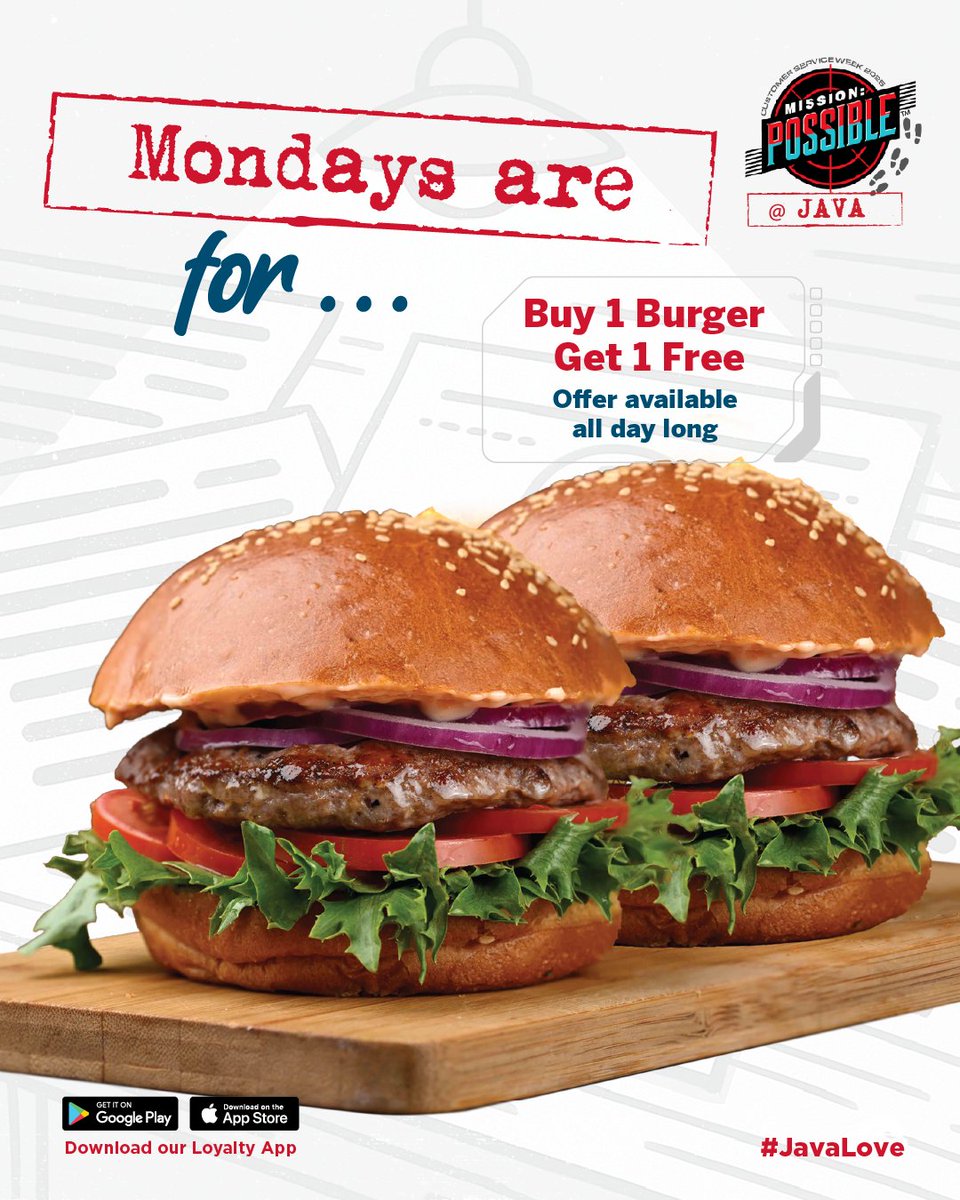 javahouseafrica's tweet image. Mondays at Java are all about the reward that is our Buy 1 Burger Get 1 Burger Free deal! Are you in or are you in? #MondayBurgerMadness​
#JavaLove