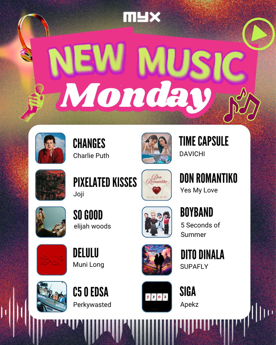 Start your week right with a playlist refresh! 💿 Check out this week's #NewMusicMonday 🎶👇

1. Changes by <a href="/charlieputh/">Charlie Puth</a> 
2. Pixelated Kisses by <a href="/sushitrash/">JOJI</a>
3. So Good by <a href="/ElijahWoods/">elijah woods</a> 
4. Delulu by <a href="/munilong/">My name is MUNI</a> 
5. C5 O EDSA by Perkywasted
6. Time Capsule by Davichi
7. Don Romantiko