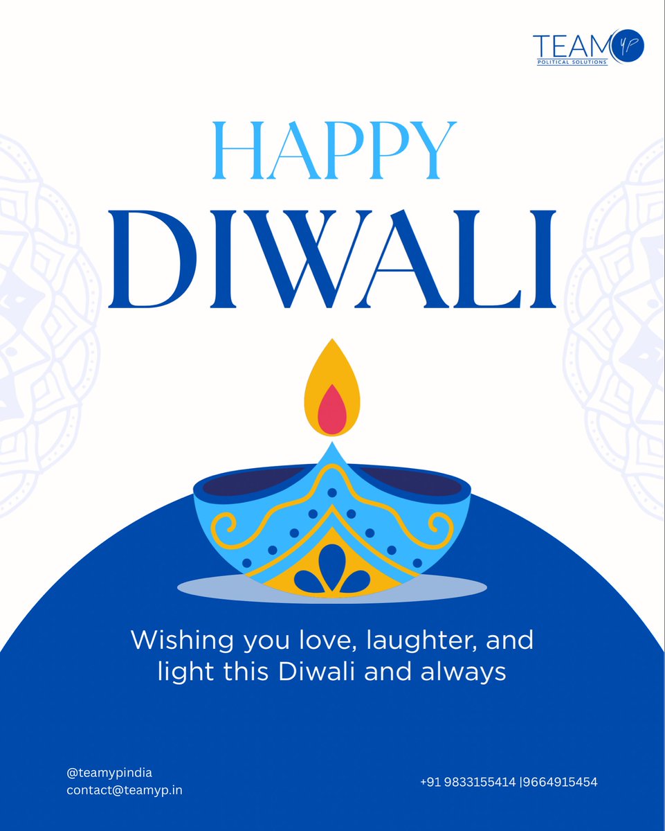 teamypindia's tweet photo. TeamYP wishes you a very Happy Diwali!
May this festival of lights bring success, prosperity, and new beginnings in every campaign and every mission you pursue.

✨ Your pattern in every political battle.
📩 contact@teamyp.in | 📞 9833155414 | 9664915454 https://t.co/pwfh9v7Y05